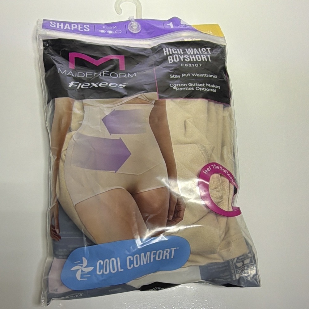 Maidenform Flexees Cool Comfort Firm High-Waist Boyshort Shapewear size M Beige